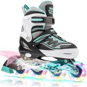 2PM SPORTS Cytia Pink Girls Adjustable Illuminating Inline Skates with Light up Wheels, Fun Flashing Beginner Roller Skates for Kids(Mint)