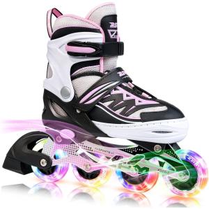 2PM SPORTS Cytia Pink Girls Adjustable Illuminating Inline Skates with Light up Wheels, Fun Flashing Beginner Roller Skates for Kids(Pink)