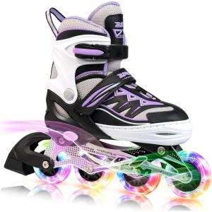 2PM SPORTS Cytia Pink Girls Adjustable Illuminating Inline Skates with Light up Wheels, Fun Flashing Beginner Roller Skates for Kids(Purple)