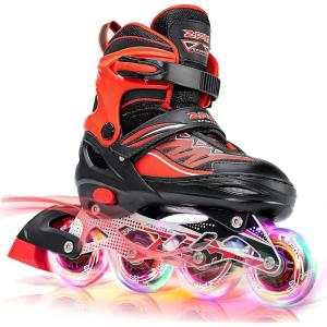 2PM SPORTS Cytia Pink Girls Adjustable Illuminating Inline Skates with Light up Wheels, Fun Flashing Beginner Roller Skates for Kids(Red)