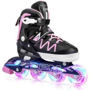 2PM SPORTS Girls Adjustable Inline Skates with Full Light Up Wheels, Fun Beginner Roller Skates for Kids Boys Youth(Pink & Black)