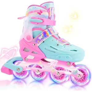 2PM SPORTS Inline Skates for Kids Boys Girls Ages 5-8 8-12 3-5 4-8 6-12 with Light Up Wheels, Adjustable Children’s Roller Skates Blades for Toddler Beginner Youth Indoor Outdoor(Pink Green)