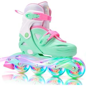 2PM SPORTS Inline Skates with Light Up Wheels, Roller Skates Blades for Boys Girls Kids Ages 5-8 8-12 4-6 6-12, Size Adjustable Beginner Blades Roller Skates(Green)
