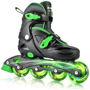 2PM SPORTS Inline Skates with Light Up Wheels, Roller Skates Blades for Boys Girls Kids Ages 5-8 8-12 4-6 6-12, Size Adjustable Beginner Blades Roller Skates(Black & Green)