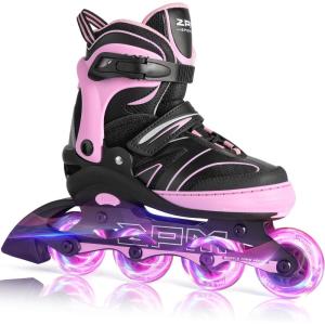 2PM SPORTS Kids Adjustable Inline Skates Ages 4-12, Youth Inline Skates for Girls Boys 5-8 8-12 with Full Light Up Wheels, Beginner Women Adult Skates(Pink)