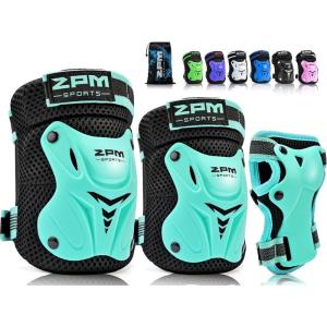 2PM SPORTS Knee Pads for Kids, Wrist Guards Knee and Elbow Pads Set with Drawstring Bag, Protective Gear Set for Girls Boys Roller Skating Cycling Skateboard(Mint)