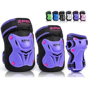 2PM SPORTS Knee Pads for Kids, Wrist Guards Knee and Elbow Pads Set with Drawstring Bag, Protective Gear Set for Girls Boys Roller Skating Cycling Skateboard(Purple)