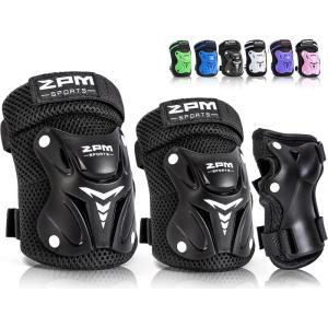 2PM SPORTS Knee Pads for Kids, Wrist Guards Knee and Elbow Pads Set with Drawstring Bag, Protective Gear Set for Girls Boys Roller Skating Cycling Skateboard(Black)