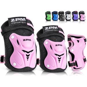 2PM SPORTS Knee Pads for Kids, Wrist Guards Knee and Elbow Pads Set with Drawstring Bag, Protective Gear Set for Girls Boys Roller Skating Cycling Skateboard(Pink)