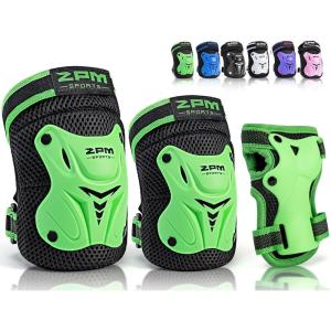 2PM SPORTS Knee Pads for Kids, Wrist Guards Knee and Elbow Pads Set with Drawstring Bag, Protective Gear Set for Girls Boys Roller Skating Cycling Skateboard(Green)