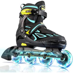 2PM SPORTS Vinal Girls Adjustable Flashing Inline Skates, All Wheels Light Up, Fun Illuminating Skates for Kids Men Adult Women and Boys(Cyan & Yellow)