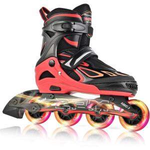 2PM SPORTS Vinal Girls Adjustable Flashing Inline Skates, All Wheels Light Up, Fun Illuminating Skates for Kids Men Adult Women and Boys(Red)