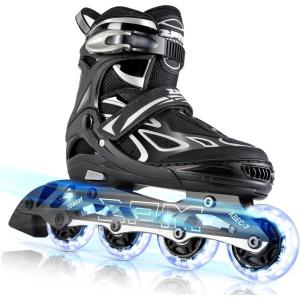 2PM SPORTS Vinal Girls Adjustable Flashing Inline Skates, All Wheels Light Up, Fun Illuminating Skates for Kids Men Adult Women and Boys(Silver)