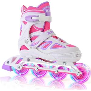2PM SPORTS Vinal Girls Adjustable Flashing Inline Skates, All Wheels Light Up, Fun Illuminating Skates for Kids Men Adult Women and Boys(White & Pink)