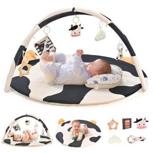 2PM SPORTS Cow Theme Baby Play Mat, Tummy Time Mat for Infant Newborn, Baby Play Gyms & Playmats for 0-3 3-6 6-12 Months, Activity Mat 5 Detachable Toys, Non Slip Gym Mat Easy to Install & Clean(Cow)