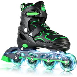 2PM SPORTS Inline Skates for Kids Girls Boys Ages 5-8 8-12 4-6 6-12 with Light Up Wheels, Adjustable Kids Roller Skates Blades for Adults Men Women Beginners Youths(Green)