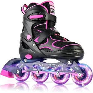 2PM SPORTS Inline Skates for Kids Girls Boys Ages 5-8 8-12 4-6 6-12 with Light Up Wheels, Adjustable Kids Roller Skates Blades for Adults Men Women Beginners Youths(Pink)